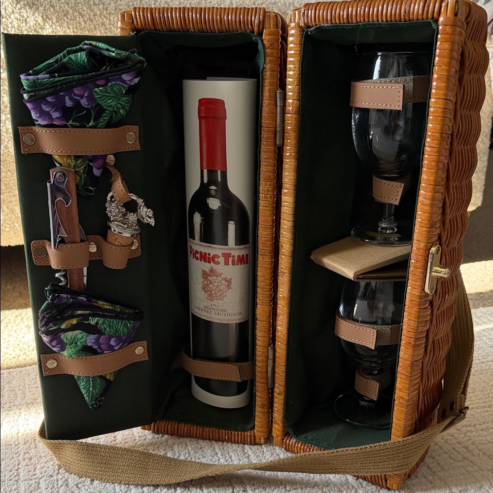 NWT Vintage Picnic Time “Bacchus” Rattan Insulated Wine Basket Shoulder Strap - Picture 15 of 15